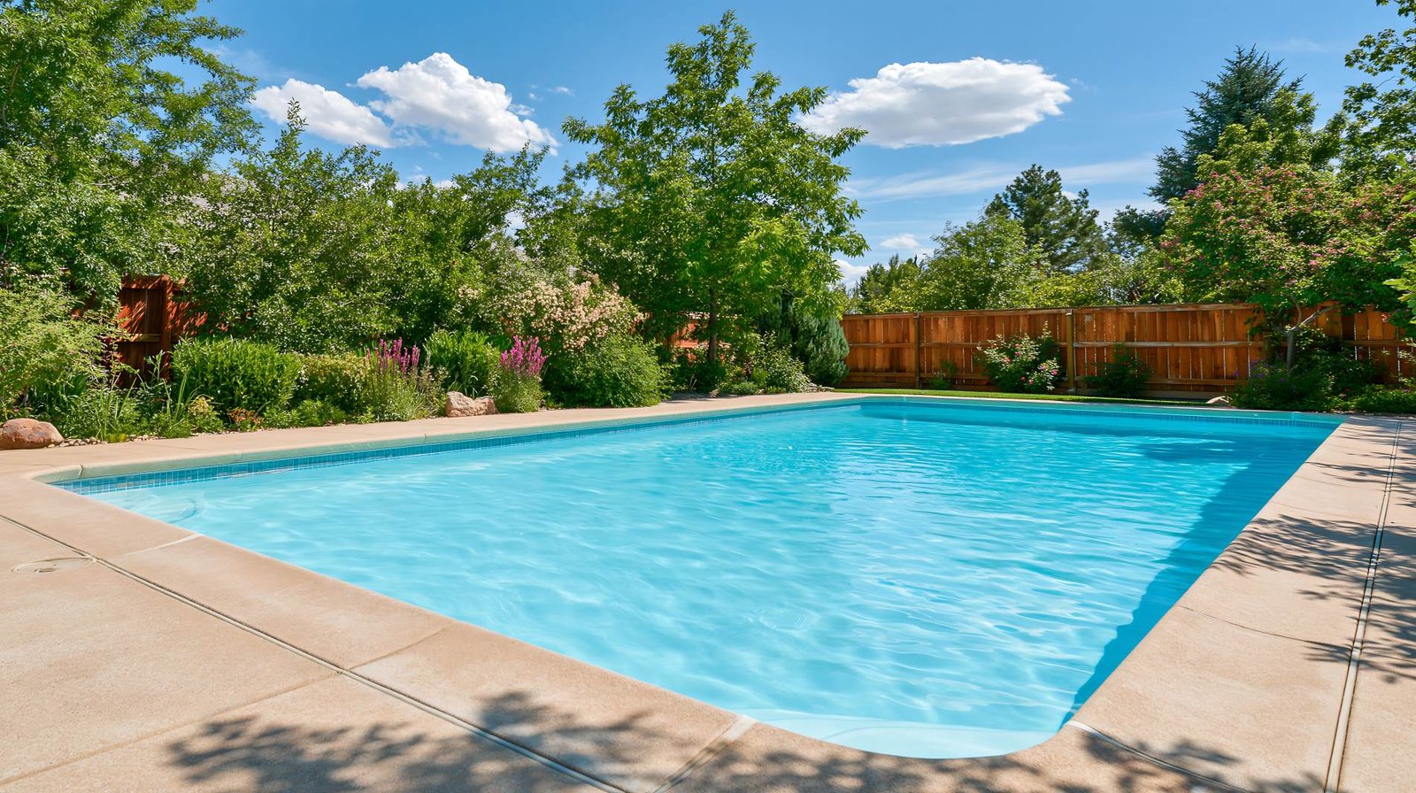Piscine rectangulaire dans un jardin clos de palissades en bois, pisciniste en Essonne (91)