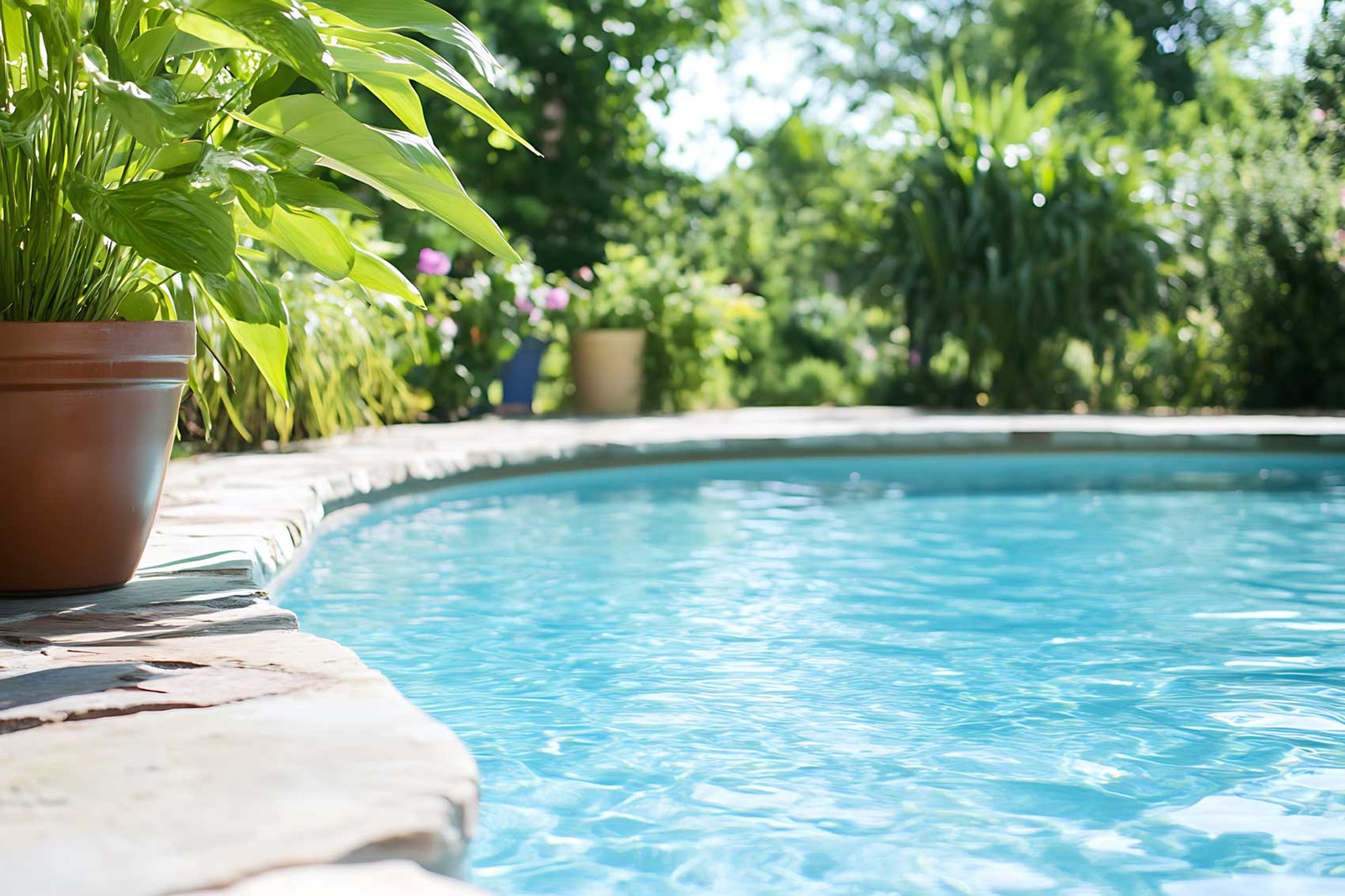 Margelle en pierre d’une piscine et pot de terre cuite planté au bord du bassin