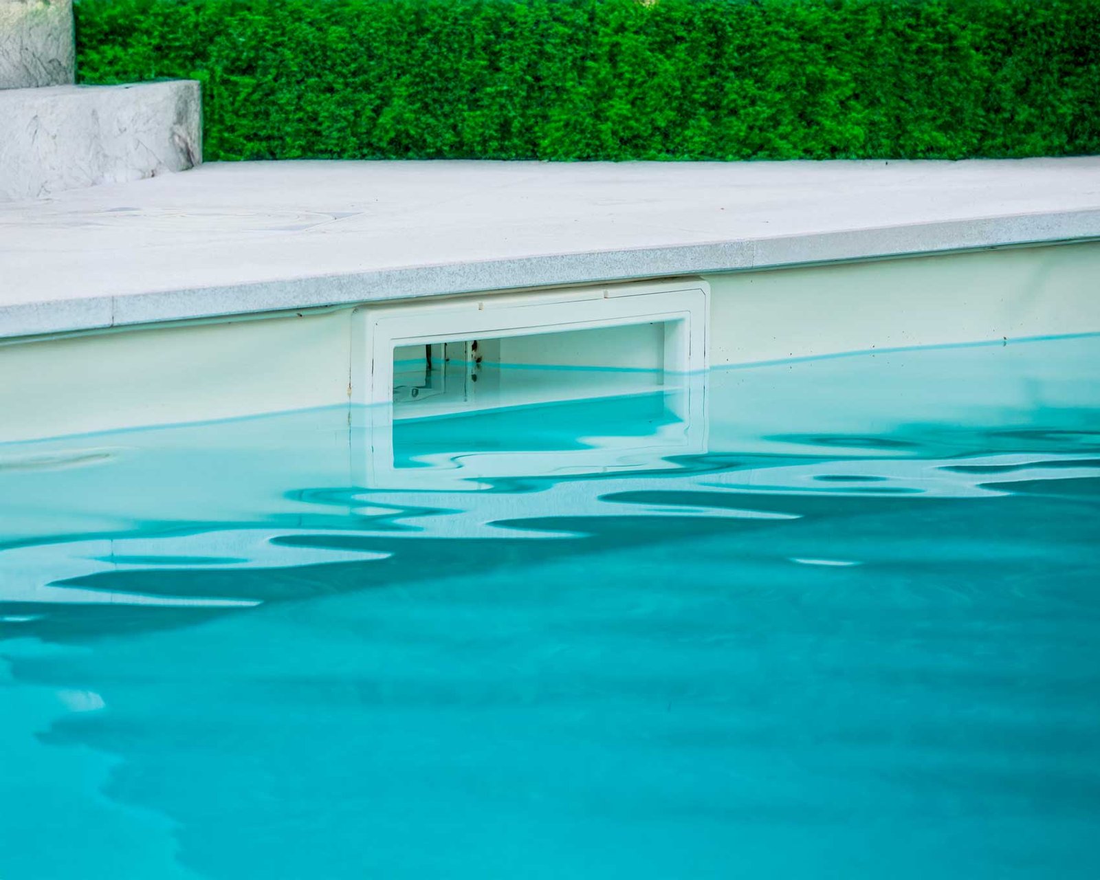 Skimmer d’une piscine au niveau de l’eau, margelle blanche et haie taillée en arrière-plan