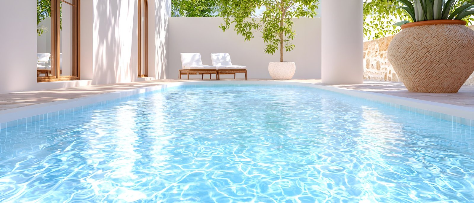 Piscine dans un patio aux murs blancs et au sol clair, pisciniste dans les Hauts-de-Seine (92)