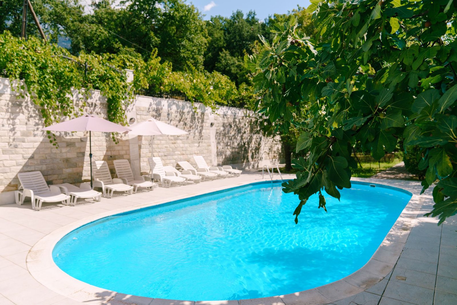 Piscine de forme libre dans un jardin arboré avec transats et parasols, pisciniste à Avon